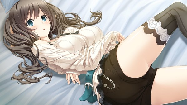 Anime picture 1280x720 with kiss ato aikawa arisa mikoto akemi single long hair blush open mouth blue eyes black hair wide image game cg lying girl thighhighs black thighhighs shorts