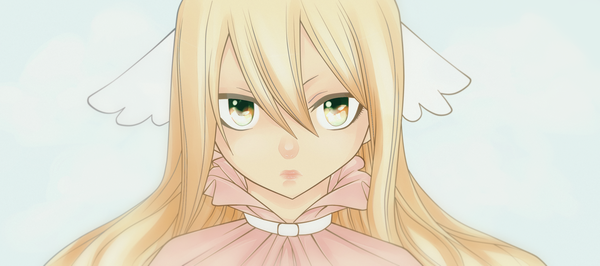 イラスト 2700x1200 と フェアリーテイル mavis vermillion lucuni ソロ 長髪 カメラ目線 前髪 highres 金髪 hair between eyes wide image 緑の目 lips 壁紙 head wings serious 女の子 翼