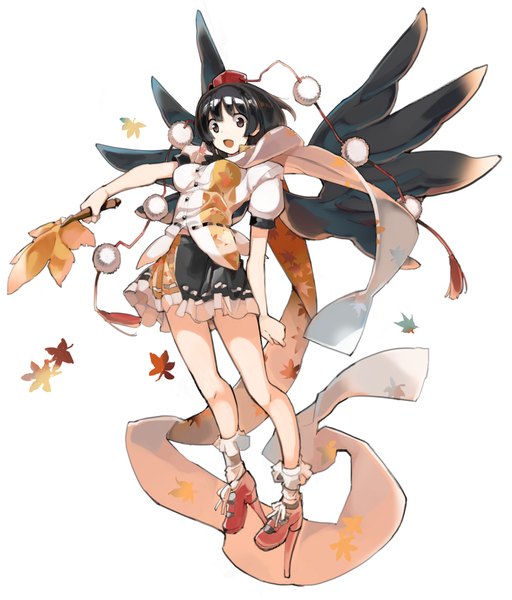 Anime picture 1000x1172 with touhou shameimaru aya asakura maru single tall image looking at viewer short hair open mouth black hair simple background white background full body :d black eyes outstretched arm black wings girl wings scarf leaf (leaves)