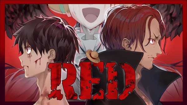Anime picture 3473x1957 with one piece one piece: film red toei animation monkey d. luffy shanks uta (one piece) tsukudani (ore624) highres short hair open mouth black hair wide image looking away red hair profile multiple boys copyright name tears border scar