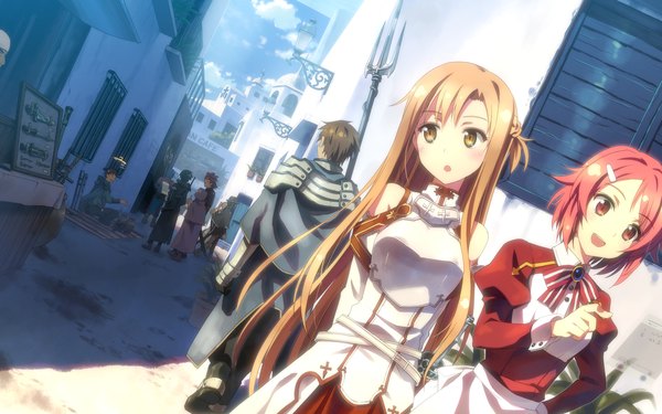 Anime picture 2560x1600 with sword art online a-1 pictures yuuki asuna kirigaya kazuto lisbeth ryoutarou tsuboi yuuki tatsuya long hair blush highres short hair open mouth black hair blonde hair red eyes wide image multiple girls brown eyes red hair hands behind back