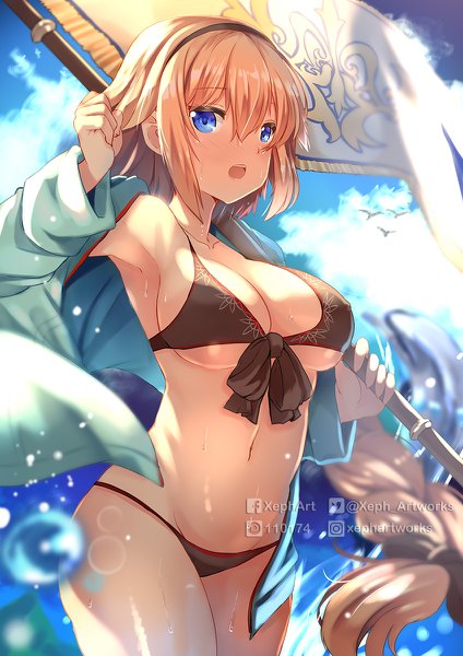 Anime picture 848x1200 with fate (series) fate/grand order jeanne d'arc (fate) (all) jeanne d'arc (swimsuit archer) xephonia single long hair tall image looking at viewer blush fringe breasts open mouth blue eyes light erotic blonde hair hair between eyes standing holding signed