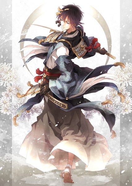 Anime picture 1206x1700 with touken ranbu nitroplus mikazuki munechika suzuneko-rin single tall image fringe black hair hair between eyes looking away full body traditional clothes japanese clothes from behind grey eyes boy gloves flower (flowers) weapon sword