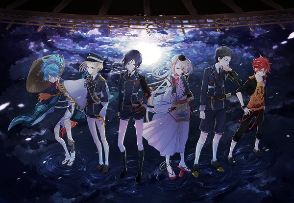 Anime picture 950x657 with touken ranbu nitroplus yagen toushirou ima-no-tsurugi sayo samonji atsu toushirou maeda toushirou kota uro long hair looking at viewer short hair blue eyes black hair smile red eyes blue hair looking away purple hair full body ponytail