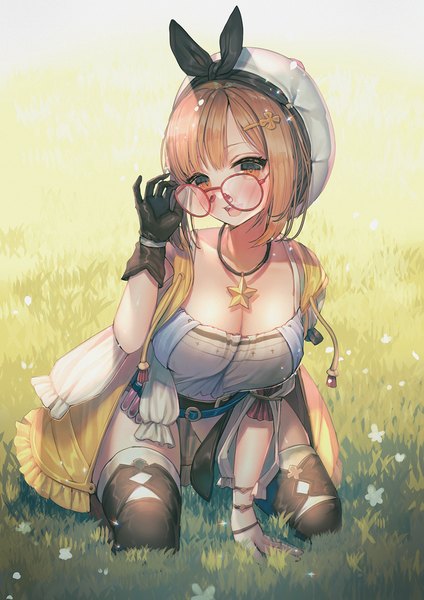 Anime picture 1061x1500 with atelier (series) atelier ryza gust (company) reisalin stout hanato (seonoaiko) single tall image blush short hair breasts open mouth light erotic brown hair large breasts cleavage outdoors :d arm support orange eyes adjusting glasses
