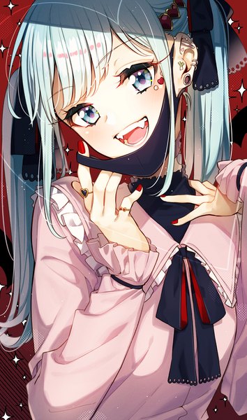 Anime picture 1400x2372 with vocaloid vampire (vocaloid) hatsune miku sakuragi ren single long hair tall image looking at viewer blush fringe open mouth simple background smile twintails payot upper body long sleeves nail polish head tilt :d