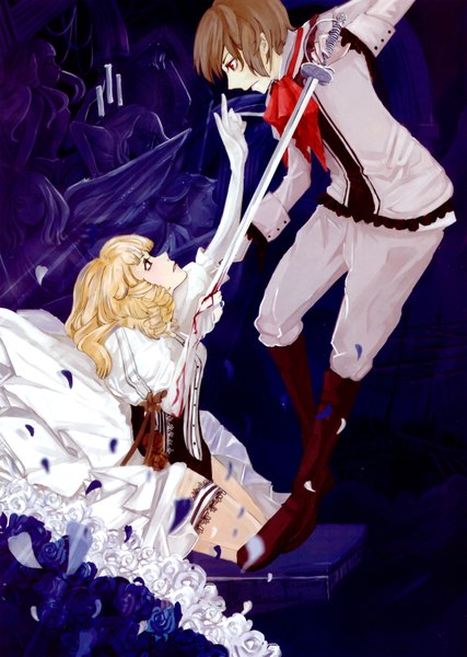Anime picture 2331x3273 with lumie`re & ombres (artbook) long hair tall image highres short hair blonde hair red eyes brown hair standing brown eyes profile kneeling outstretched arm murder girl dress boy flower (flowers) weapon petals