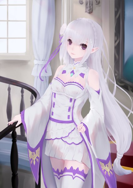 Anime picture 2480x3507 with re:zero kara hajimeru isekai seikatsu white fox emilia (re:zero) hentai kuwa single long hair tall image looking at viewer fringe highres hair between eyes standing purple eyes bare shoulders payot cleavage white hair indoors braid (braids) hair flower