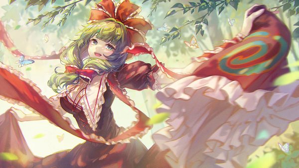 Anime picture 1920x1080 with touhou kagiyama hina kyusoukyu single long hair fringe highres open mouth wide image green eyes outdoors blunt bangs :d green hair girl dress ribbon (ribbons) hair ribbon insect butterfly