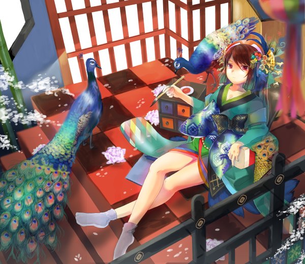 Anime picture 1333x1158 with hayama eishi short hair red eyes brown hair sitting japanese clothes legs crossed legs checkered floor checkered flower (flowers) socks kimono paintbrush pencil tabi calligraphy brush peacock