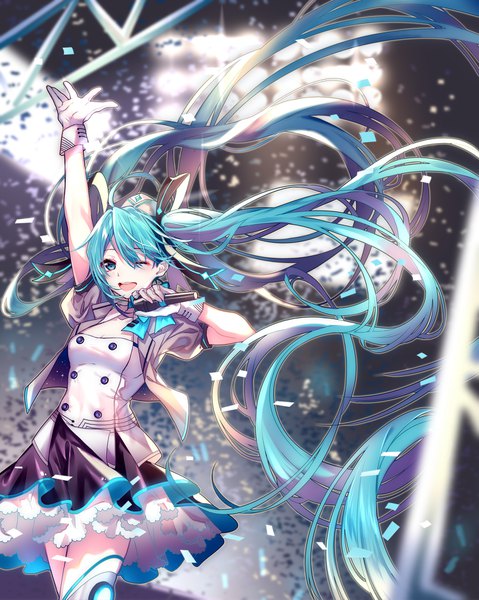 Anime picture 1500x1879 with vocaloid hatsune miku akira (ying) single tall image looking at viewer blush fringe open mouth blue eyes smile hair between eyes standing twintails holding ahoge very long hair one eye closed arm up wink