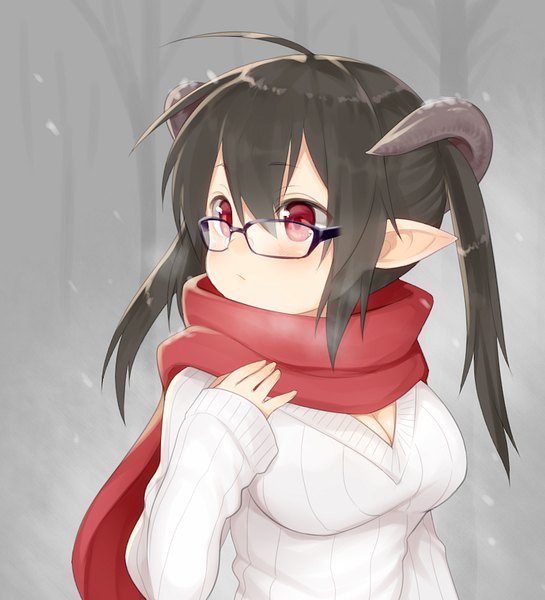 Anime picture 772x850 with original mofuaki single long hair tall image blush fringe breasts black hair red eyes looking away horn (horns) pointy ears exhalation girl glasses scarf