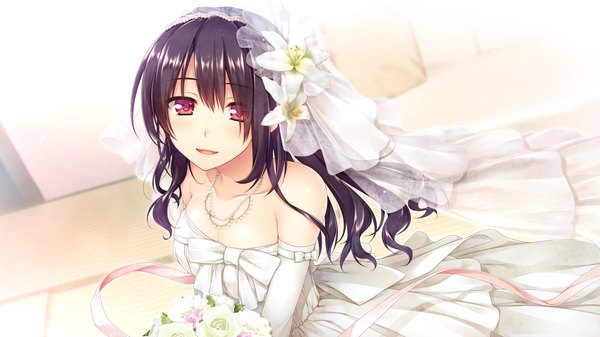 Anime picture 1280x720 with boku no hitori sensou akabei soft2 inuzuka rumi single long hair looking at viewer black hair red eyes wide image game cg hair flower girl dress gloves hair ornament flower (flowers) elbow gloves white gloves bouquet wedding dress