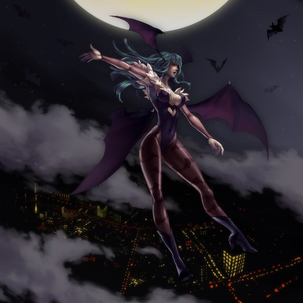 Anime picture 1500x1500 with vampire / darkstalkers (game) morrigan aensland single long hair breasts light erotic red eyes cloud (clouds) green hair night erect nipples covered nipples cityscape demon girl bat wings head wings succubus girl full moon bat