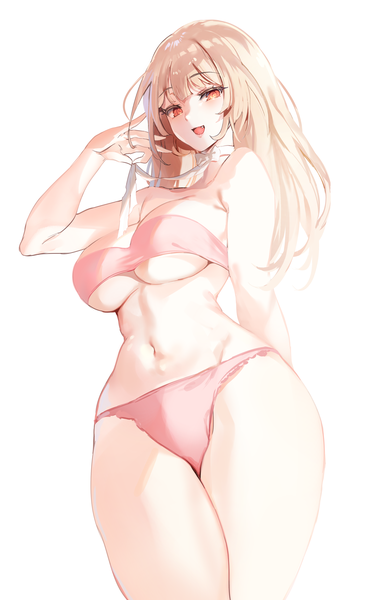 Anime picture 2200x3508 with original zerocat single long hair tall image looking at viewer fringe highres breasts open mouth light erotic simple background blonde hair smile large breasts standing white background blunt bangs :d arm up
