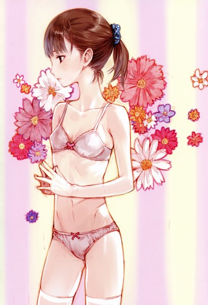 Anime picture 3170x4633 with kishida mel single tall image fringe highres short hair light erotic brown hair brown eyes absurdres ponytail profile underwear only striped striped background girl thighhighs navel underwear panties