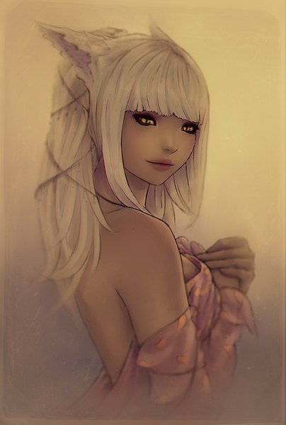 Anime picture 673x1000 with final fantasy final fantasy xiv square enix miqo'te soranamae single long hair tall image looking at viewer fringe breasts smile bare shoulders animal ears yellow eyes white hair looking back lips cat ears cat girl