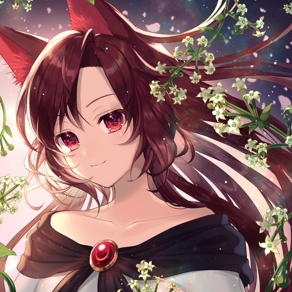 Anime picture 2048x2048 with touhou imaizumi kagerou momoshiki tsubaki single long hair looking at viewer blush fringe highres smile hair between eyes red eyes bare shoulders animal ears upper body red hair head tilt light smile wind portrait