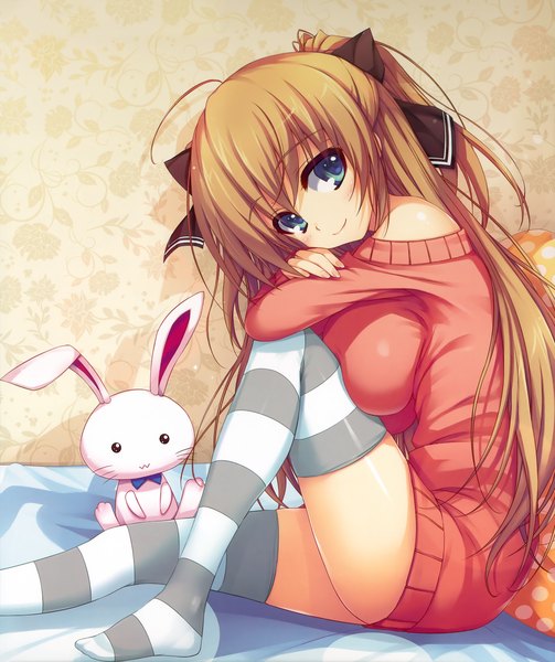 Anime picture 2650x3160 with tomose shunsaku single long hair tall image looking at viewer blush highres breasts blue eyes light erotic smile brown hair large breasts scan girl thighhighs bow hair bow toy stuffed animal