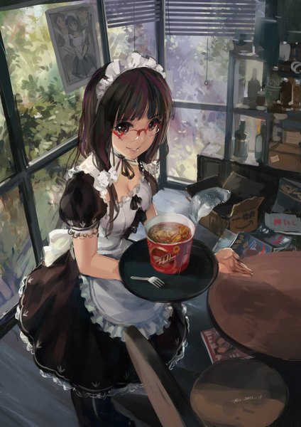 Anime picture 744x1052 with original hjl single long hair tall image looking at viewer smile brown hair brown eyes signed maid messy room girl ribbon (ribbons) glasses food headdress window maid headdress chair