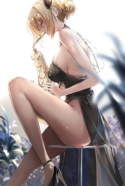 Anime picture 2944x4384 with azur lane prince of wales (azur lane) prince of wales (a knight's song a lady's night) (azur lane) liaowen single tall image fringe highres short hair breasts light erotic blonde hair hair between eyes large breasts sitting payot bent knee (knees) eyes closed profile bare legs