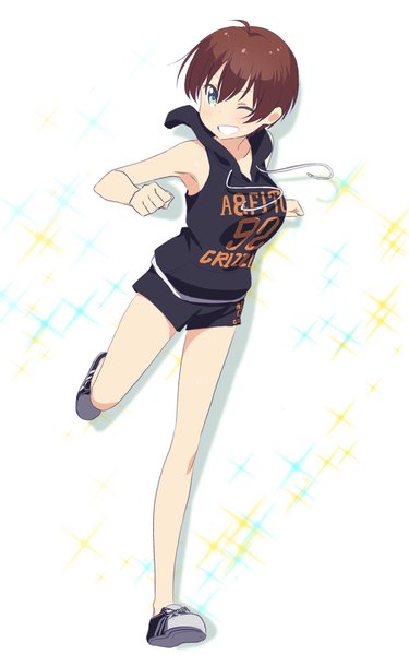 Anime picture 1280x2048 with new game! doga kobo shinoda hajime pink x single tall image looking at viewer fringe short hair breasts open mouth blue eyes smile hair between eyes brown hair white background full body ahoge one eye closed armpit (armpits)