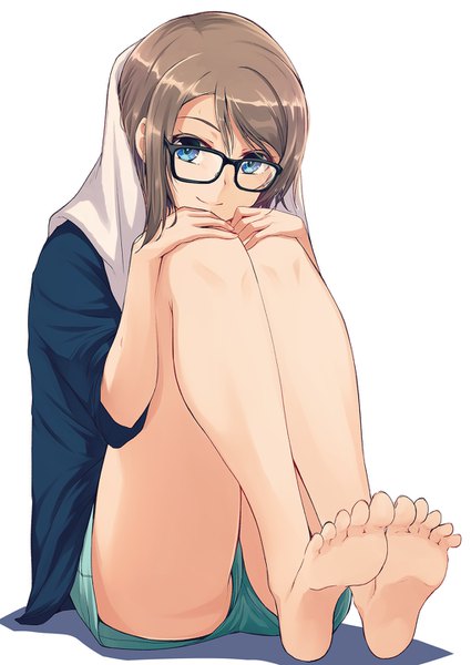 Anime picture 1020x1440 with love live! sunshine!! sunrise (studio) love live! watanabe you nanotsuki single tall image looking at viewer short hair light erotic simple background smile brown hair white background full body barefoot embryo's pose girl glasses shorts