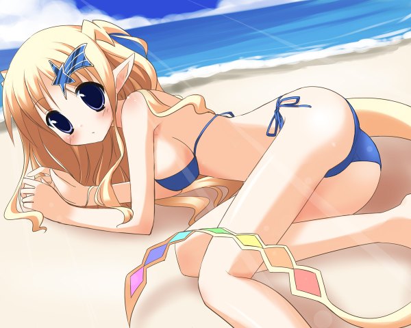 Anime picture 1200x960 with blue eyes light erotic blonde hair tail pointy ears beach girl swimsuit bikini