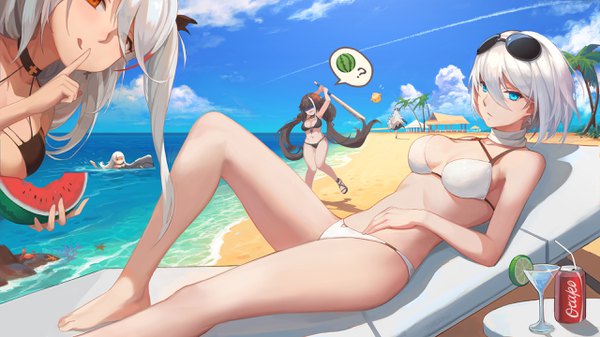 Anime picture 2560x1440 with azur lane prinz eugen (azur lane) prinz eugen (unfading smile) (azur lane) graf zeppelin (azur lane) deutschland (azur lane) tirpitz (azur lane) z46 (azur lane) tirpitz (snow-melting summer) (azur lane) linzhong de xiongbaobao long hair looking at viewer blush fringe highres short hair breasts blue eyes light erotic black hair hair between eyes