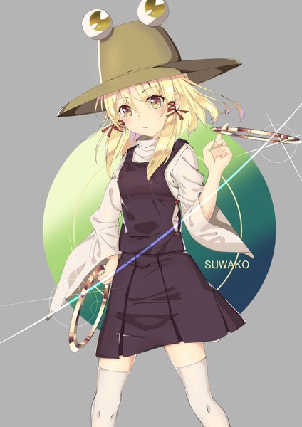 Anime picture 2480x3508 with touhou moriya suwako hijiri (1222seisei) single tall image blush highres short hair breasts simple background blonde hair standing holding signed yellow eyes looking away pleated skirt arm up grey background wide sleeves