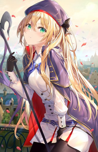 Anime picture 818x1271 with fate (series) fate/grand order artoria pendragon (all) artoria caster (fate) rin yuu single long hair tall image looking at viewer blush fringe breasts blonde hair hair between eyes standing twintails holding green eyes signed payot