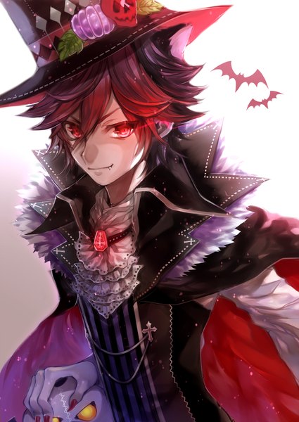 Anime picture 827x1168 with show by rock!! studio bones crow (show by rock!!) momoshiki tsubaki single tall image looking at viewer fringe short hair smile white background animal ears nail polish fingernails cat ears glowing halloween glowing eye (eyes) long fingernails boy