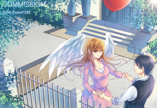 Anime picture 1200x833 with original sukiblog long hair short hair breasts black hair blonde hair smile standing holding yellow eyes cleavage from above couple holding hands happy white wings girl dress boy