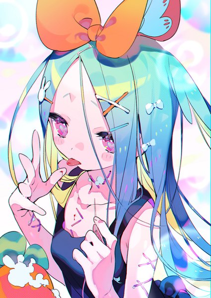 Anime picture 1003x1416 with original bukurote single long hair tall image blush upper body pink eyes from above aqua hair symbol-shaped pupils heart-shaped pupils girl hair ornament bow hair bow tongue blood x hair ornament stitches