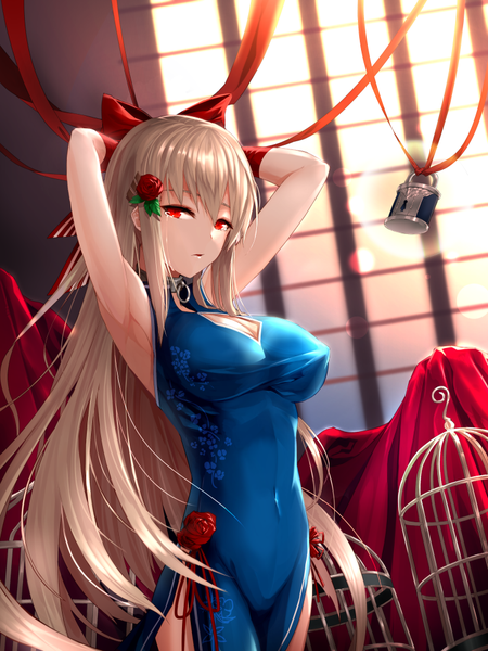 Anime-Bild 750x1000 mit original limeblock single long hair tall image looking at viewer fringe breasts blonde hair red eyes large breasts standing bare shoulders traditional clothes parted lips japanese clothes hair flower sunlight arms up armpit (armpits)