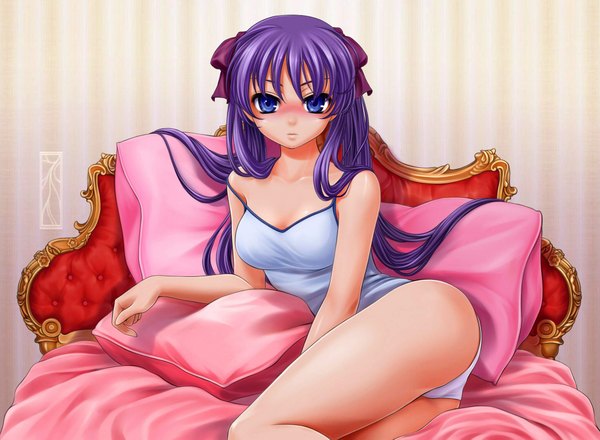 Anime picture 2065x1515 with lucky star kyoto animation hiiragi kagami single long hair blush highres blue eyes light erotic purple hair pantyshot legs girl bow hair bow pillow couch