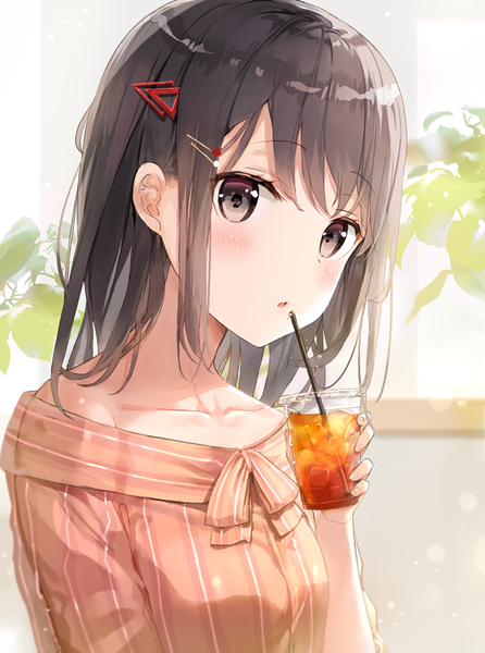 Anime picture 600x806 with original fuumi (radial engine) single long hair tall image looking at viewer blush fringe open mouth brown hair holding brown eyes payot upper body off shoulder drinking girl hair ornament plant (plants) hairclip