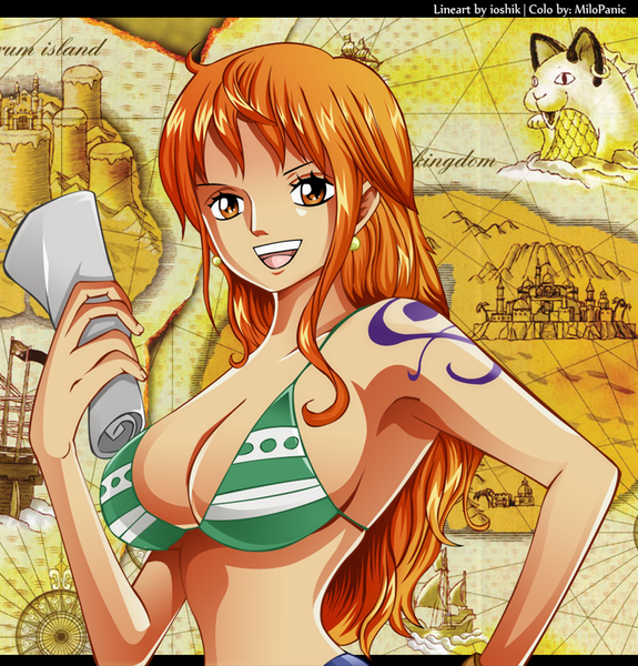 Anime picture 1024x1070 with one piece toei animation nami (one piece) milopanic (artist) single long hair tall image breasts open mouth light erotic smile large breasts orange hair midriff orange eyes tattoo coloring girl earrings map
