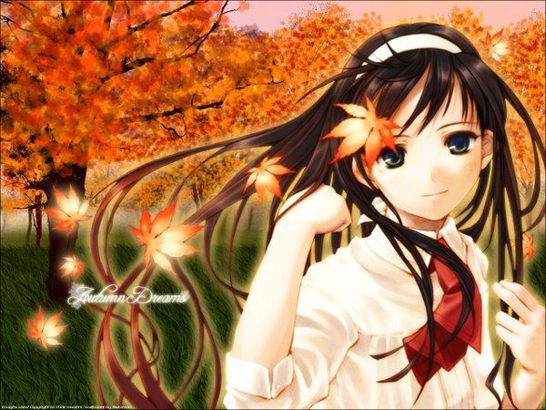 Anime picture 1280x960 with shingetsutan tsukihime type-moon toono akiha single long hair looking at viewer fringe blue eyes brown hair sky upper body outdoors arm up light smile wind inscription autumn girl plant (plants) shirt