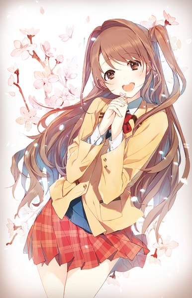 Anime picture 588x912 with idolmaster idolmaster cinderella girls shimamura uzuki weee (raemz) single long hair tall image looking at viewer blush fringe open mouth brown hair brown eyes wind one side up cherry blossoms hands clasped interlocked fingers girl skirt
