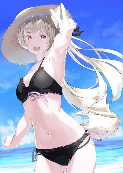 Anime picture 1295x1811 with original mikisai single long hair tall image looking at viewer fringe breasts open mouth light erotic smile red eyes standing twintails animal ears sky cleavage silver hair cloud (clouds) outdoors