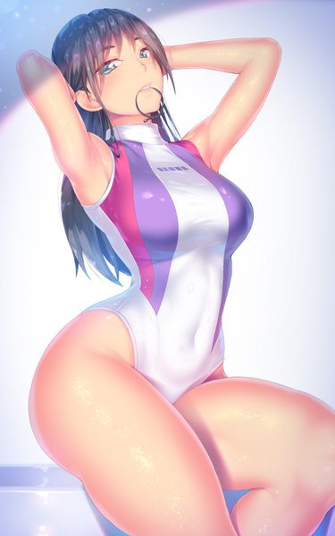 Anime picture 2500x4000 with original a.x. single long hair tall image looking at viewer blush fringe highres breasts light erotic black hair sitting holding green eyes payot parted lips head tilt arms up armpit (armpits)