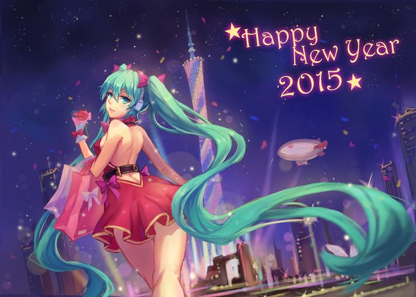 Anime picture 1400x1002 with vocaloid hatsune miku atdan single twintails very long hair looking back aqua eyes aqua hair back new year happy new year 2015 girl dress flower (flowers) bow hair bow headphones bag