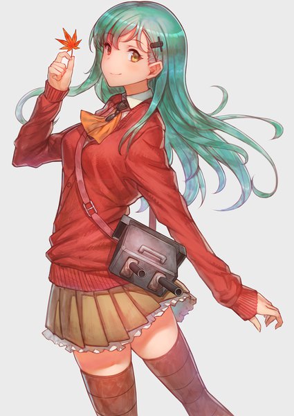 Anime picture 725x1024 with kantai collection suzuya heavy cruiser urokoda single long hair tall image looking at viewer blush simple background smile holding yellow eyes pleated skirt arm up aqua hair grey background alternate costume turning head frilly skirt girl