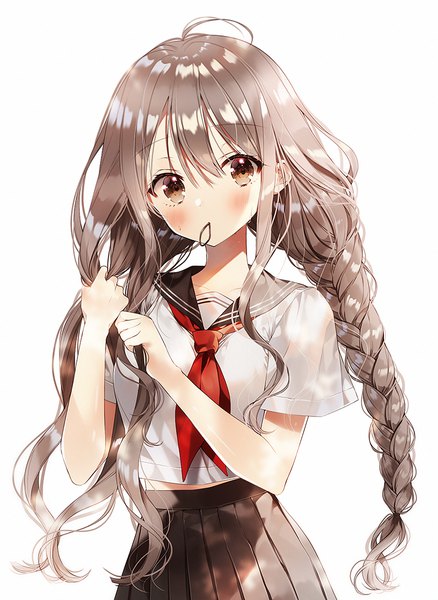 Anime picture 792x1085 with original weri single long hair tall image looking at viewer blush fringe simple background standing white background holding brown eyes payot ahoge braid (braids) pleated skirt grey hair mouth hold sweatdrop