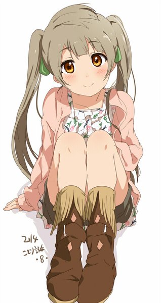 Anime picture 583x1100 with love live! school idol project sunrise (studio) love live! minami kotori ogipote single long hair tall image looking at viewer blush simple background brown hair white background sitting twintails signed light smile alternate hairstyle girl shorts