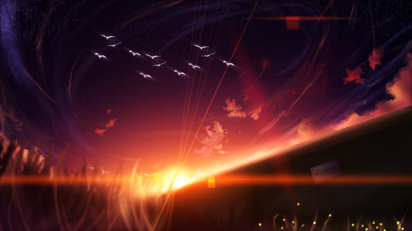 Anime picture 1920x1080 with original dakota rochon highres wide image sky cloud (clouds) blurry night wallpaper night sky lens flare evening sunset no people landscape plant (plants) animal bird (birds) insect star (stars)