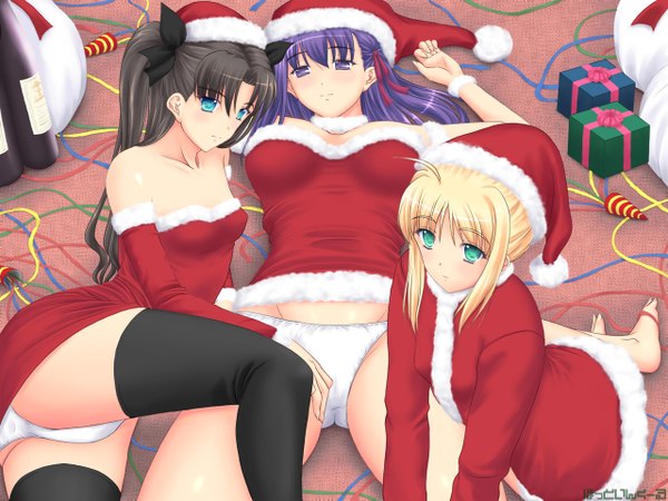 Anime picture 1280x960 with fate (series) fate/stay night studio deen type-moon artoria pendragon (all) saber toosaka rin light erotic christmas