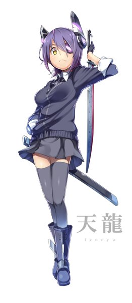 Anime picture 700x1600 with kantai collection tenryuu light cruiser yuuzii single tall image looking at viewer short hair simple background standing white background purple hair from below zettai ryouiki character names hand on hip girl thighhighs uniform weapon black thighhighs