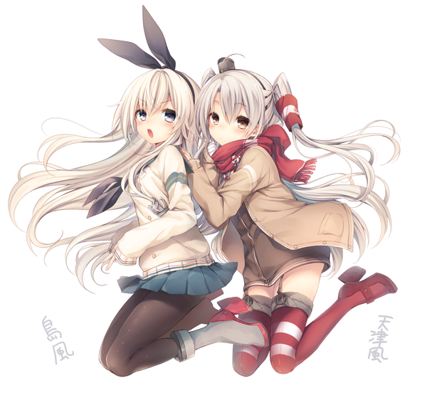 Anime picture 1009x970 with kantai collection shimakaze destroyer amatsukaze destroyer komeshiro kasu long hair looking at viewer open mouth blue eyes white background multiple girls brown eyes white hair two side up jumping girl thighhighs skirt bow 2 girls hair bow